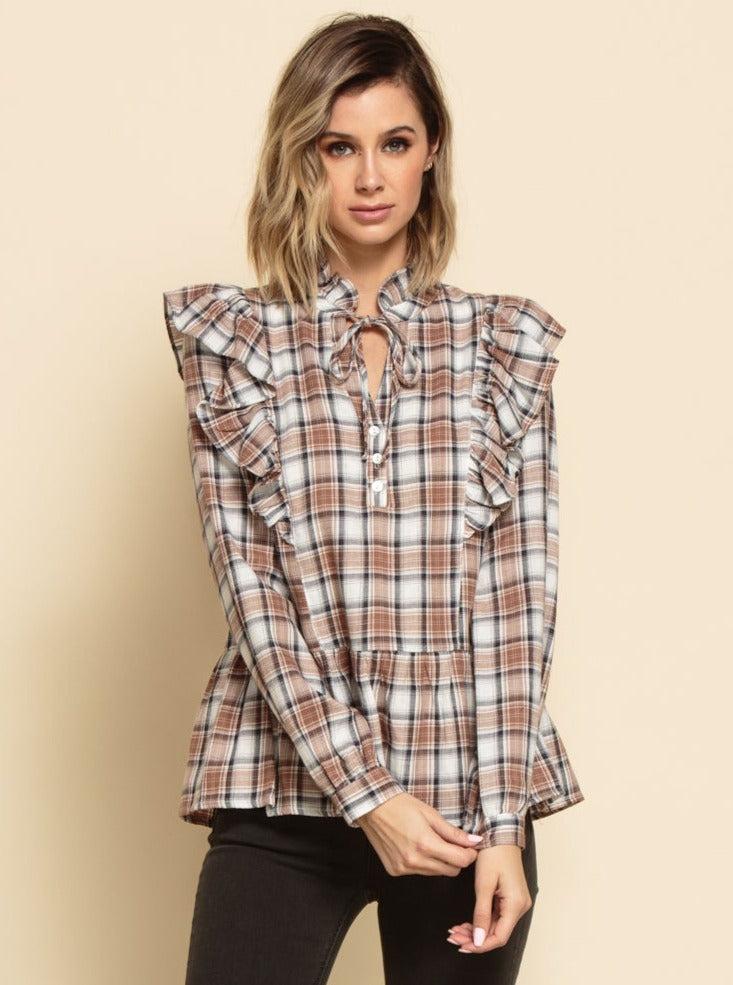 lucca couture INDIANA RUFFLE PEPLUM BLOUSE-BROWN PLAID