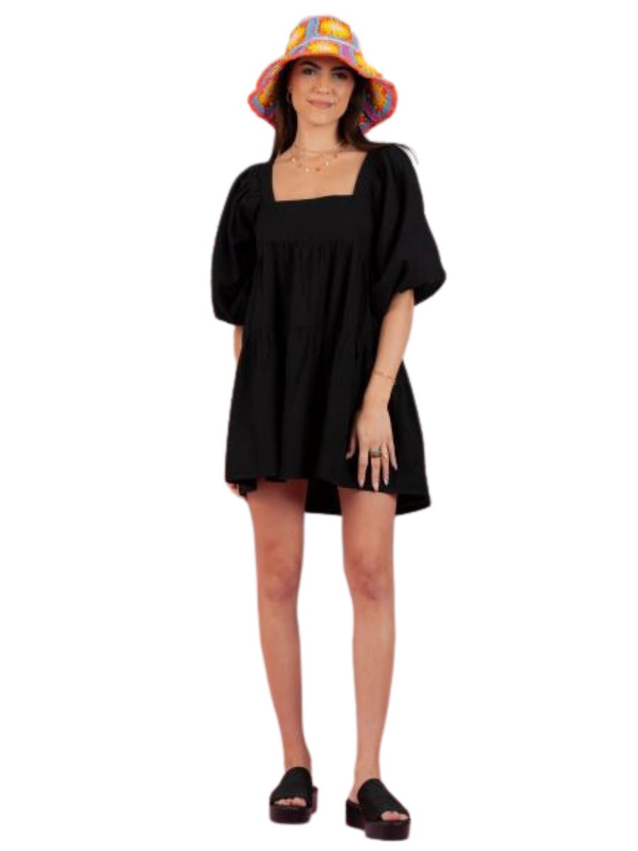 lucca couture JEAN PUFF SLEEVE BABYDOLL DRESS-BLACK