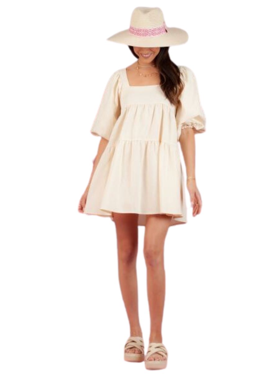 lucca couture JEAN PUFF SLEEVE BABYDOLL DRESS-VANILLA