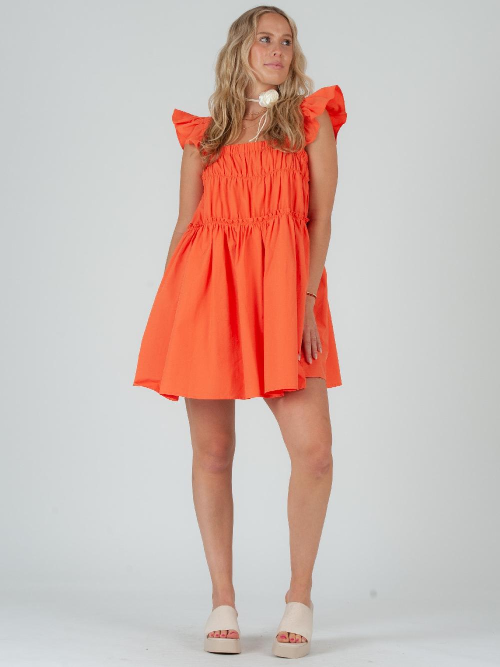 lucca couture JESSIE FLUTTER SHOULDER MINI DRESS-ORANGE