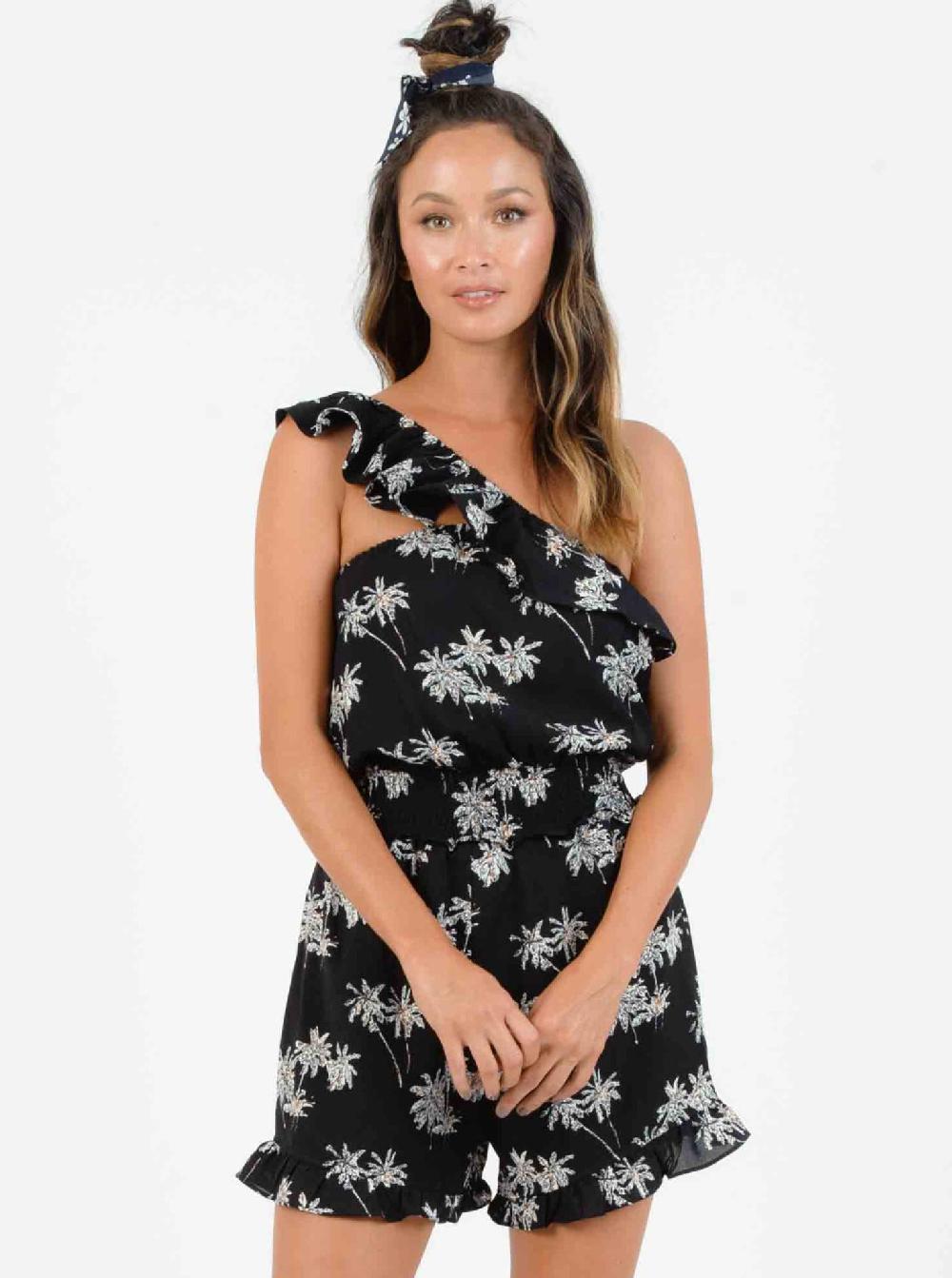 lucca couture JOEY ONE SHOULDER RUFFLE ROMPER-BLACK PALM