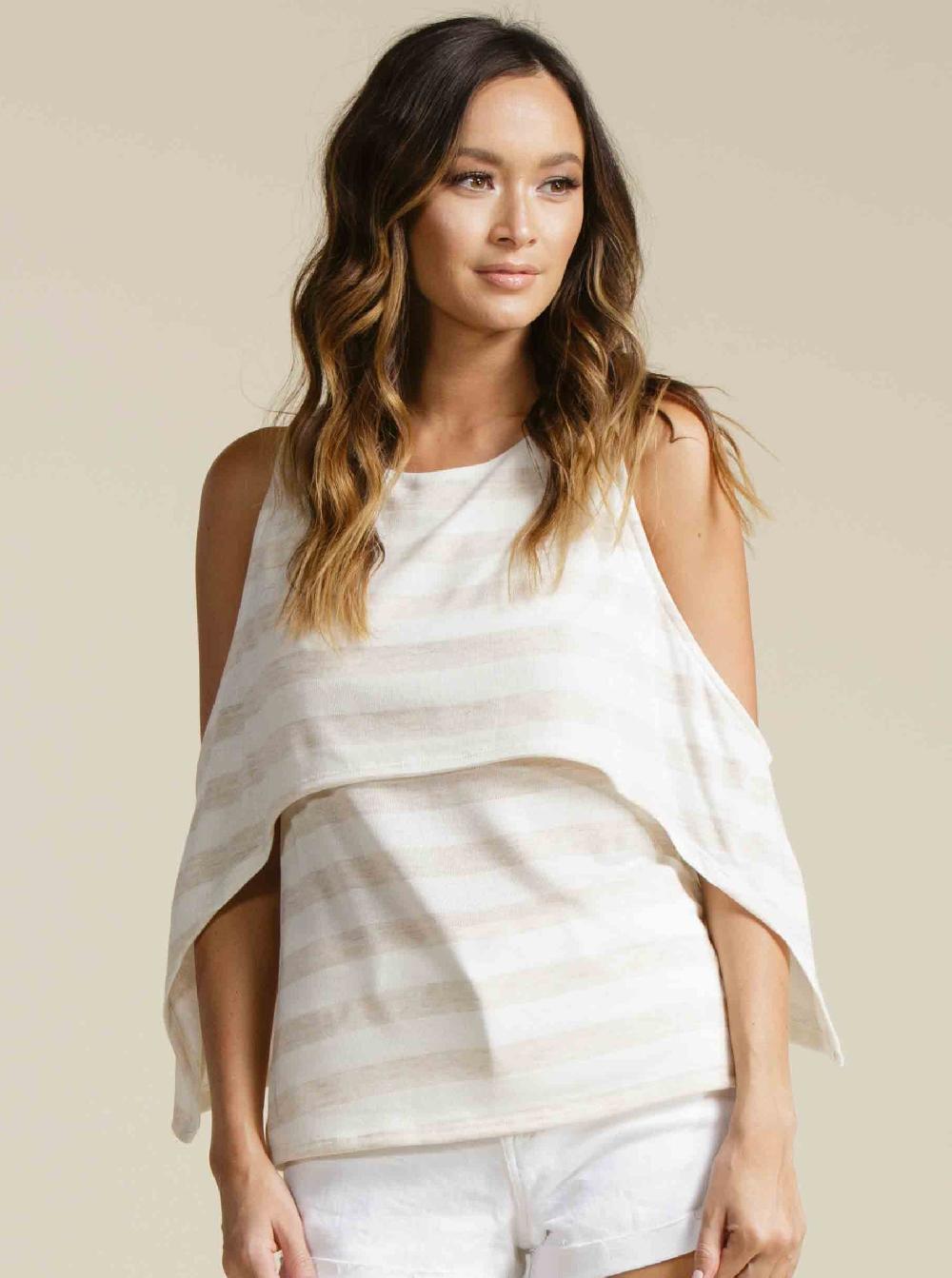 lucca couture JORDAN COLD SHOULDER OVERLAY-BEIGE STRIPE