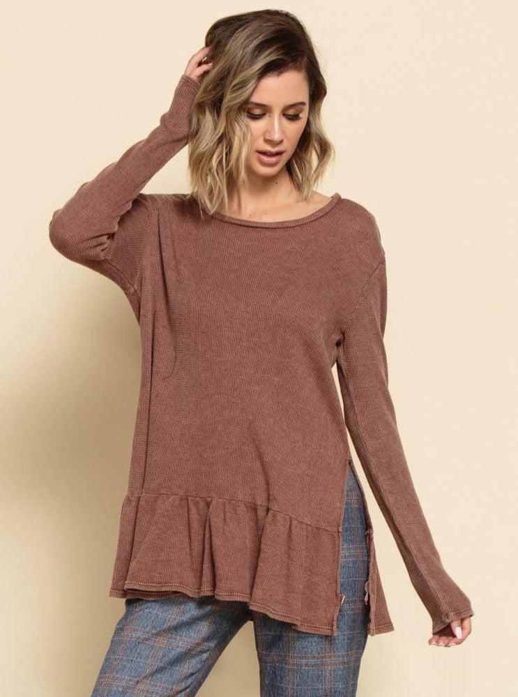 lucca couture JOURNEY PEPLUM KNIT TUNIC-MAUVE THERMAL
