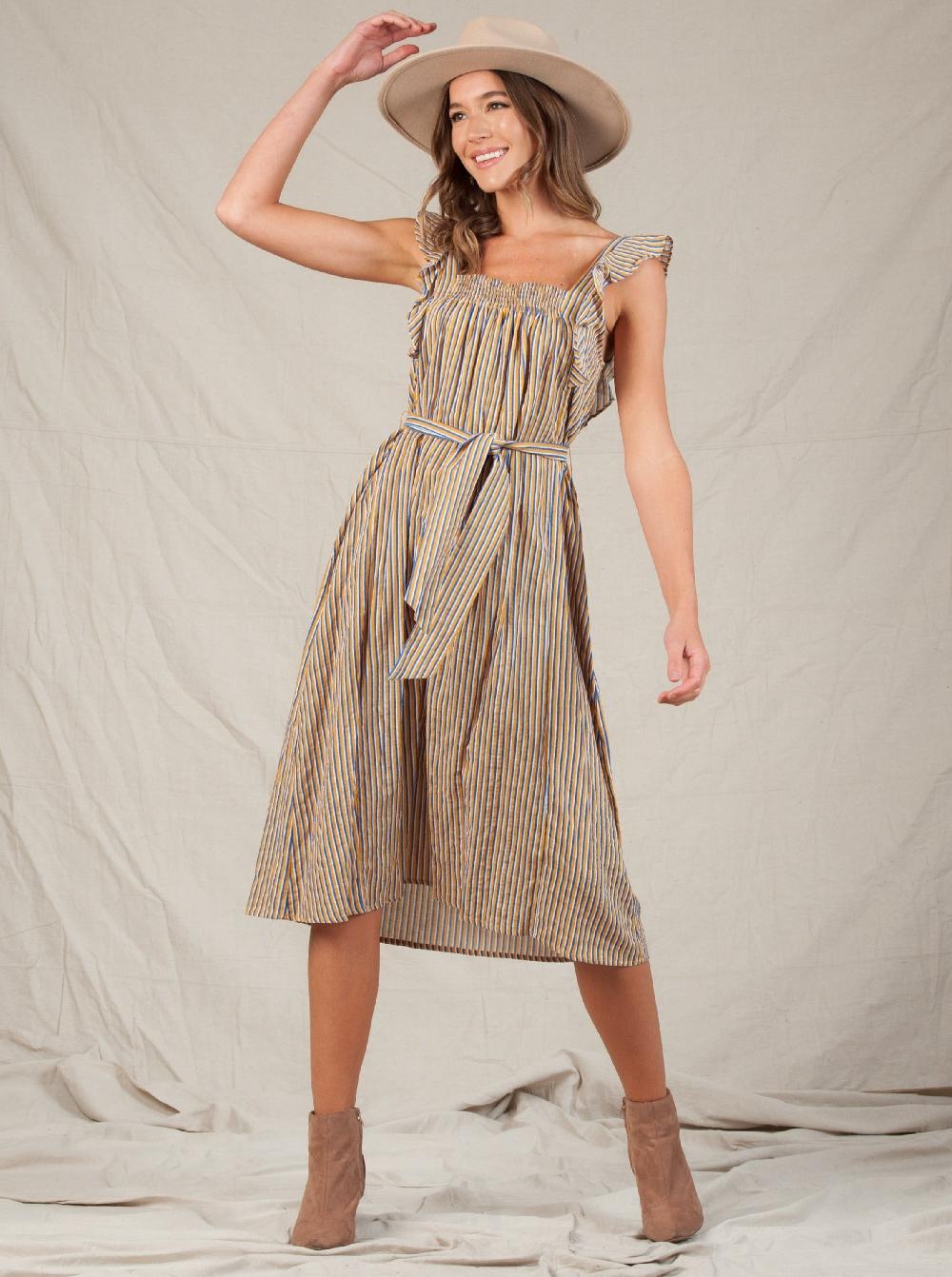 lucca couture KALANI RUFFLE-STRAP TIE DRESS-MUSTARD MULTISTRIPE