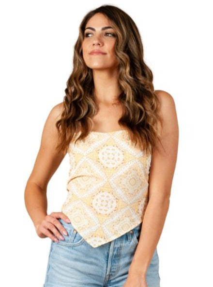 lucca couture KARLITA BANDANA PATCH SCARF TOP-YELLOW