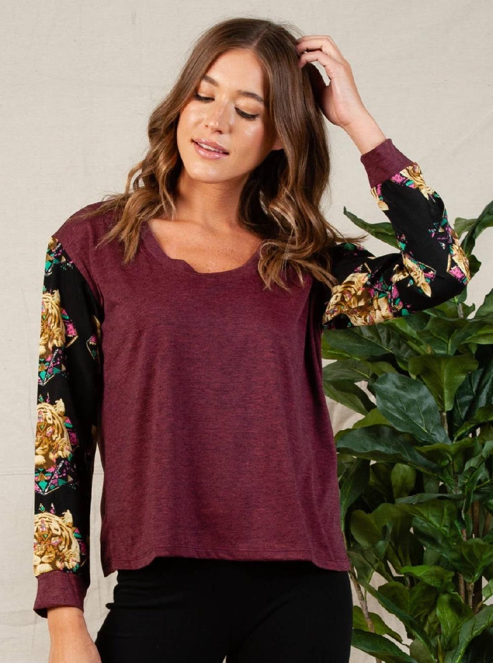 lucca couture KNIT TOP WITH SATIN PRINTED LS TOP-RASPBERRY