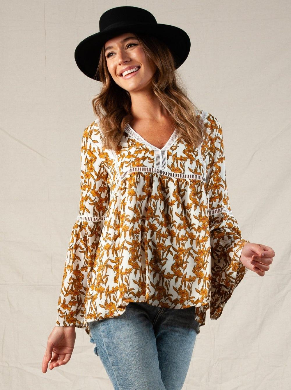 lucca couture LAURA BELL SLEEVE TOP-WHITE MUSTARD FLORAL