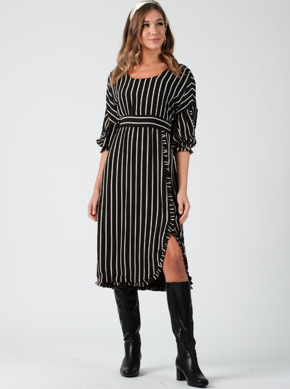 lucca couture LENOX RUFFLED MAXI DRESS-BLACK TAN STRIPE
