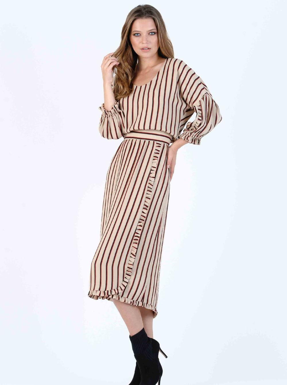 lucca couture LENOX RUFFLED MAXI DRESS-TAN AUBURN STRIPE