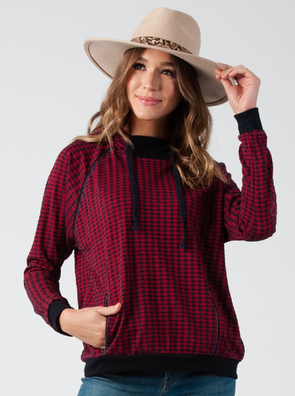 lucca couture LIGHTWEIGHT HOUNDSTOOTH HOODIE-RED/NAVY