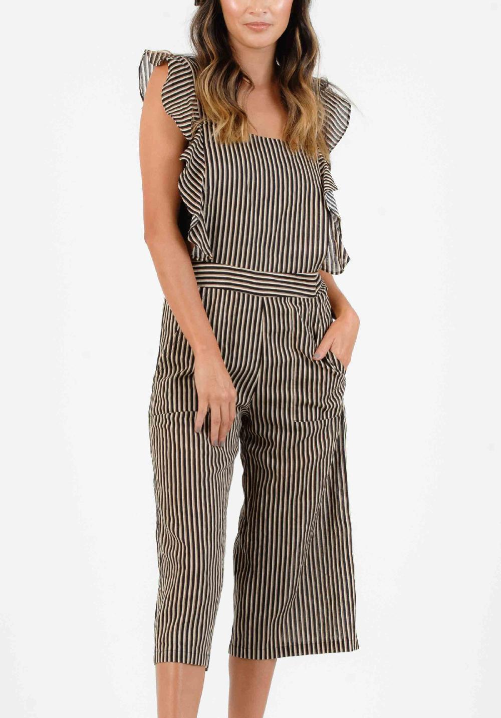 lucca couture LILO RUFFLE BIB ROMPER-BLACK MULTISTRIPE