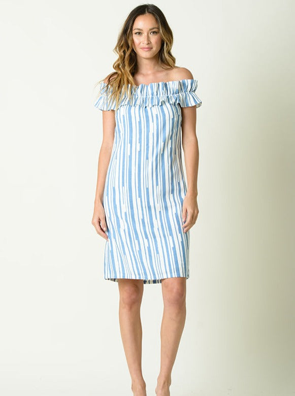 lucca couture ANDREA OTS RUFFLED DRESS-BLUE STRIPE