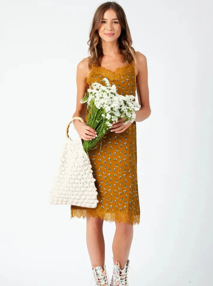 lucca couture ASTRID DITSY SLIP DRESS-MUSTARD