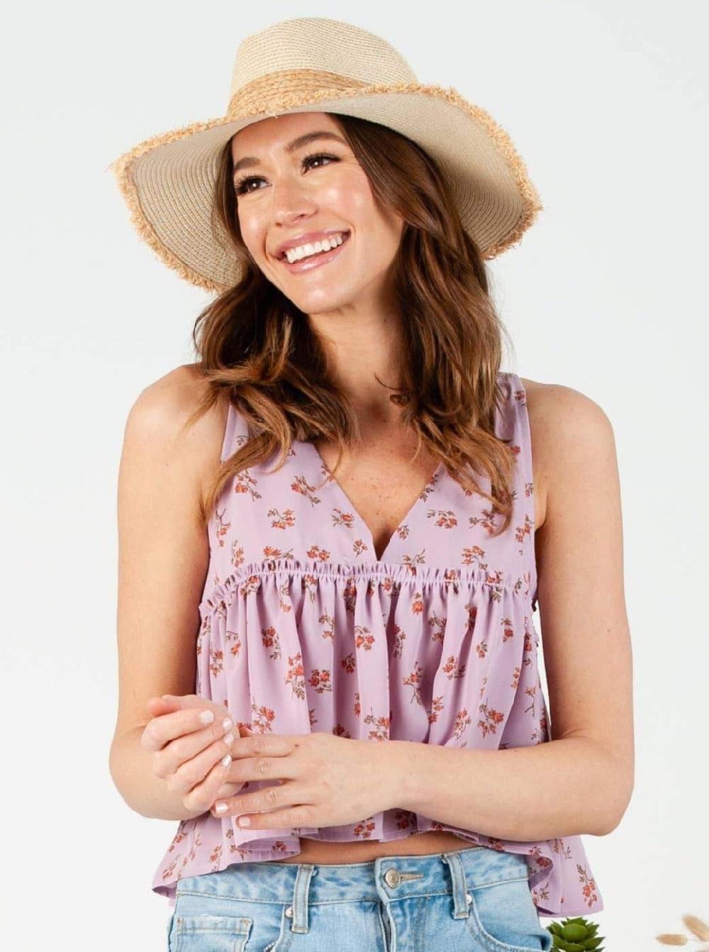 lucca couture AZALEA BABYDOLL TANK-LAVENDER FLORAL