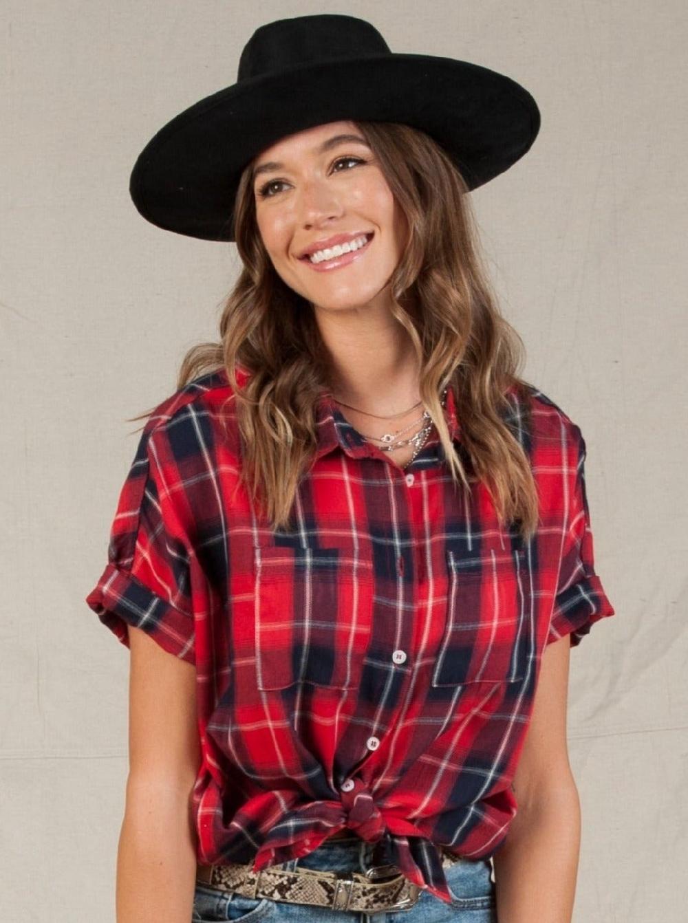 lucca couture BILLY BUTTON DOWN TOP-RED PLAID