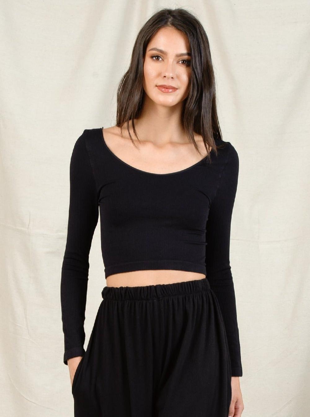 lucca couture BRENDA LS CROP TOP-BLACK