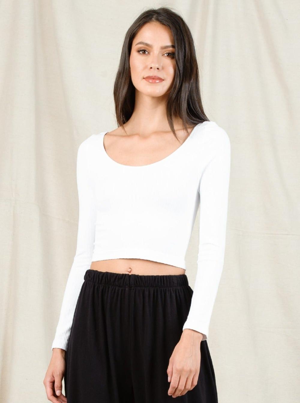 lucca couture BRENDA LS CROP TOP-WHITE