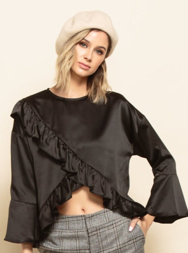 lucca couture CAROLINE RUFFLE TOP-EBONY