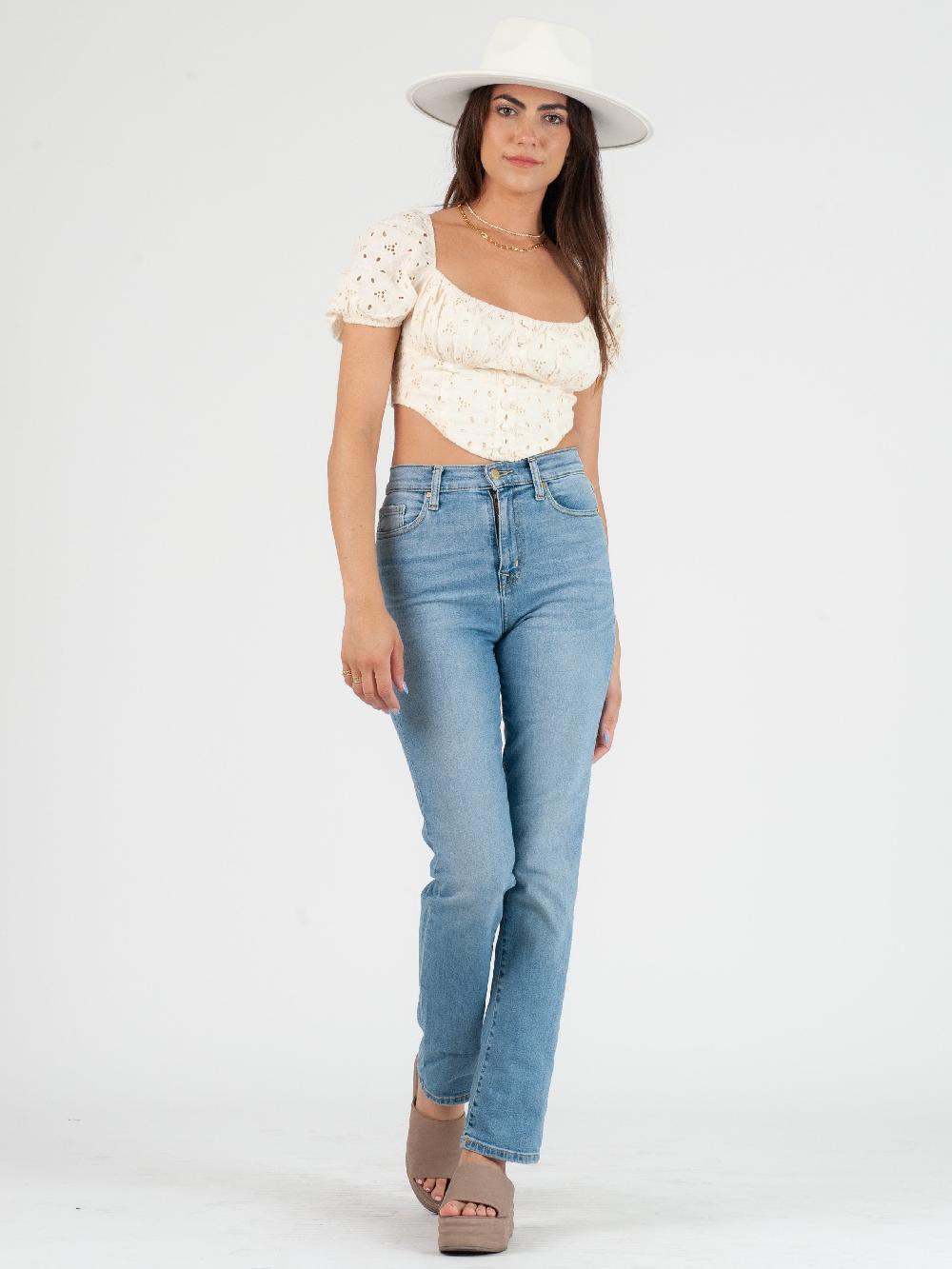 lucca couture CELESTE EYELET PUFF SLEEVE TOP-IVORY