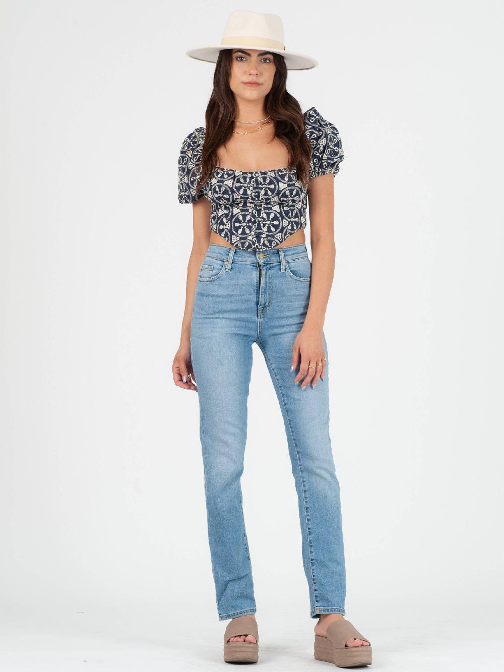 lucca couture CELESTE EYELET PUFF SLEEVE TOP-NAVY