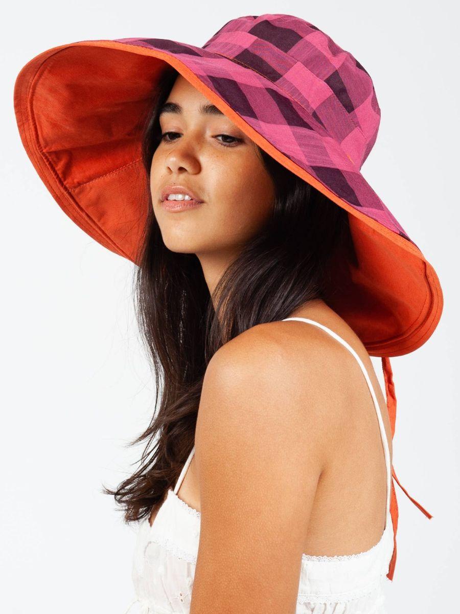 lucca couture CHECKERED CANVAS HAT-RASPBERRY