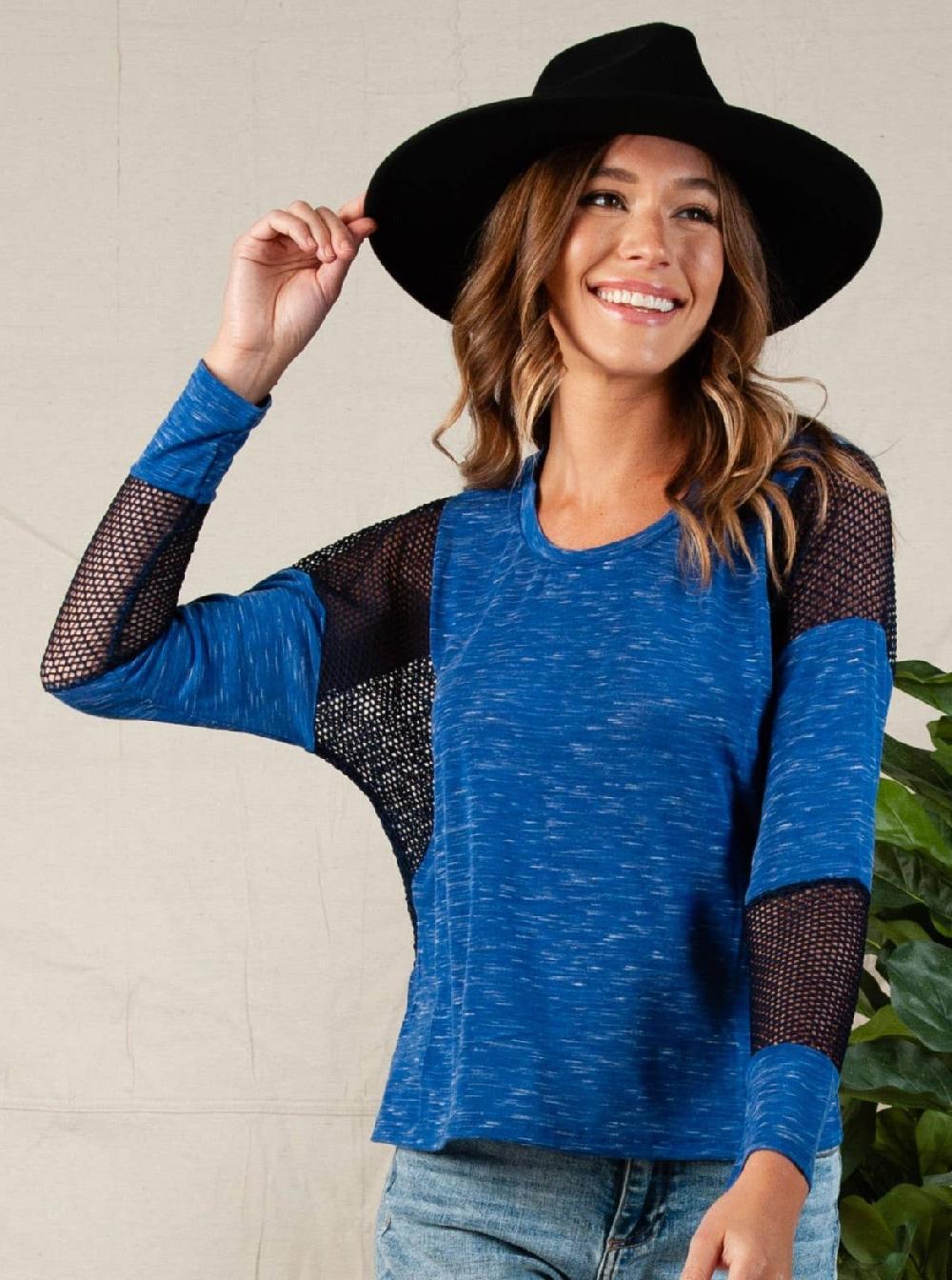 lucca couture CONTRAST MESH KNIT TOP-COBALT