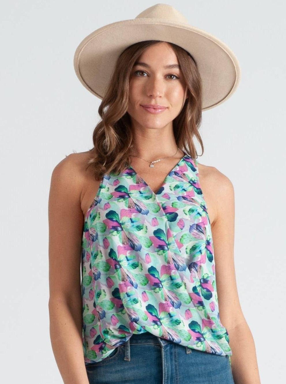 lucca couture DANNI TULIP WRAP TOP-BLUE FLORAL