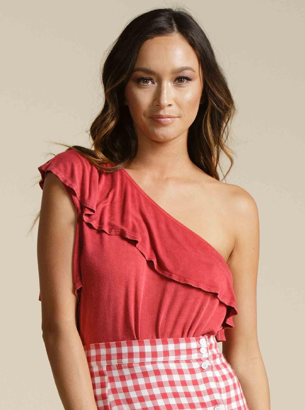 lucca couture ELAINA RUFFLE OVERLAY TOP-RED