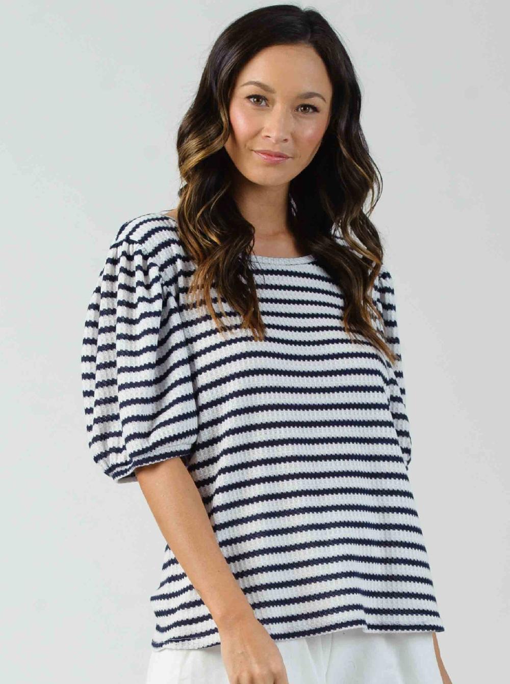 lucca couture ESME PUFF SLEEVE TEE-NAVY STRIPE