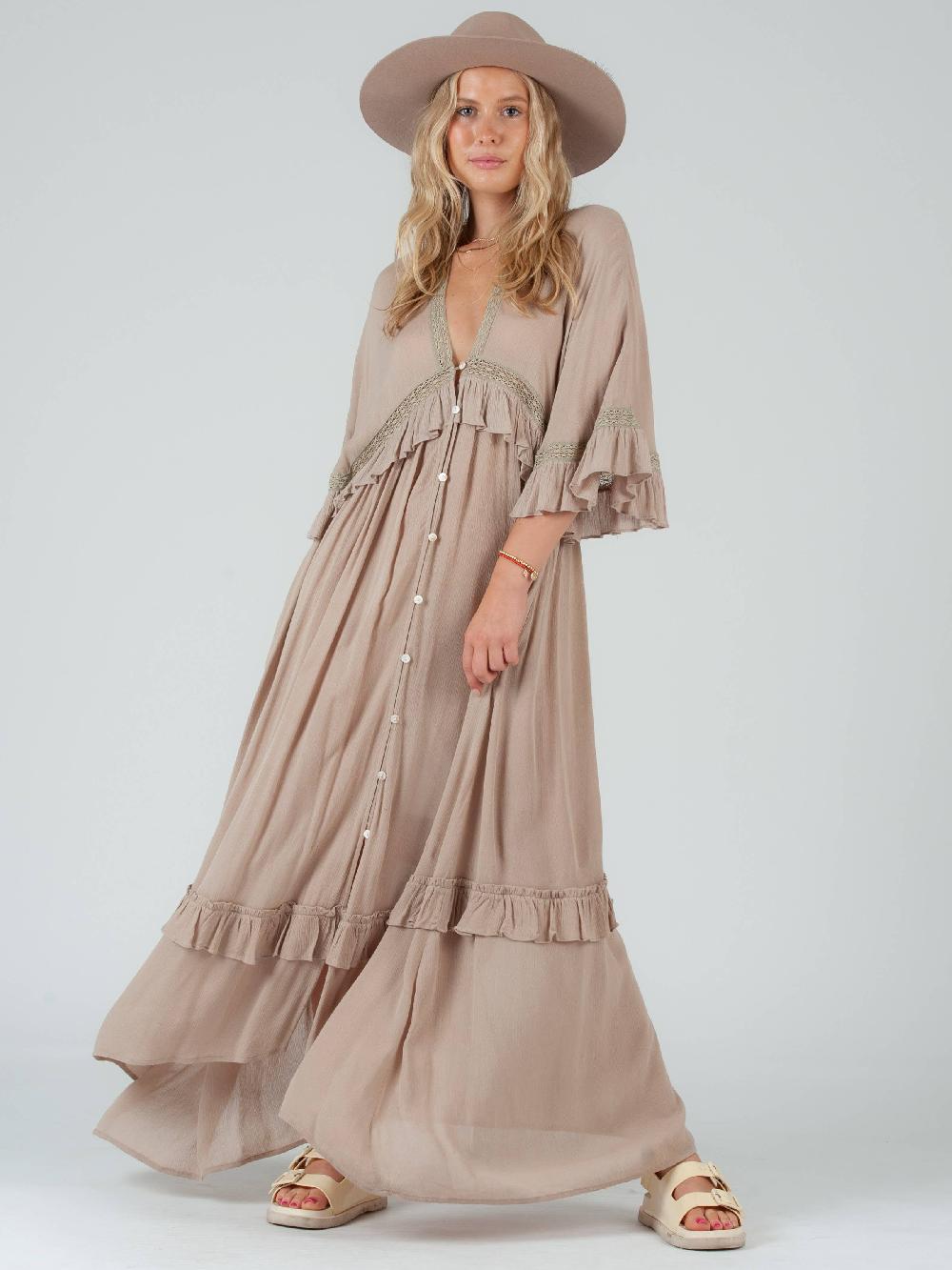 lucca couture ESTELLE BOHO RUFFLE DRESS-SAND