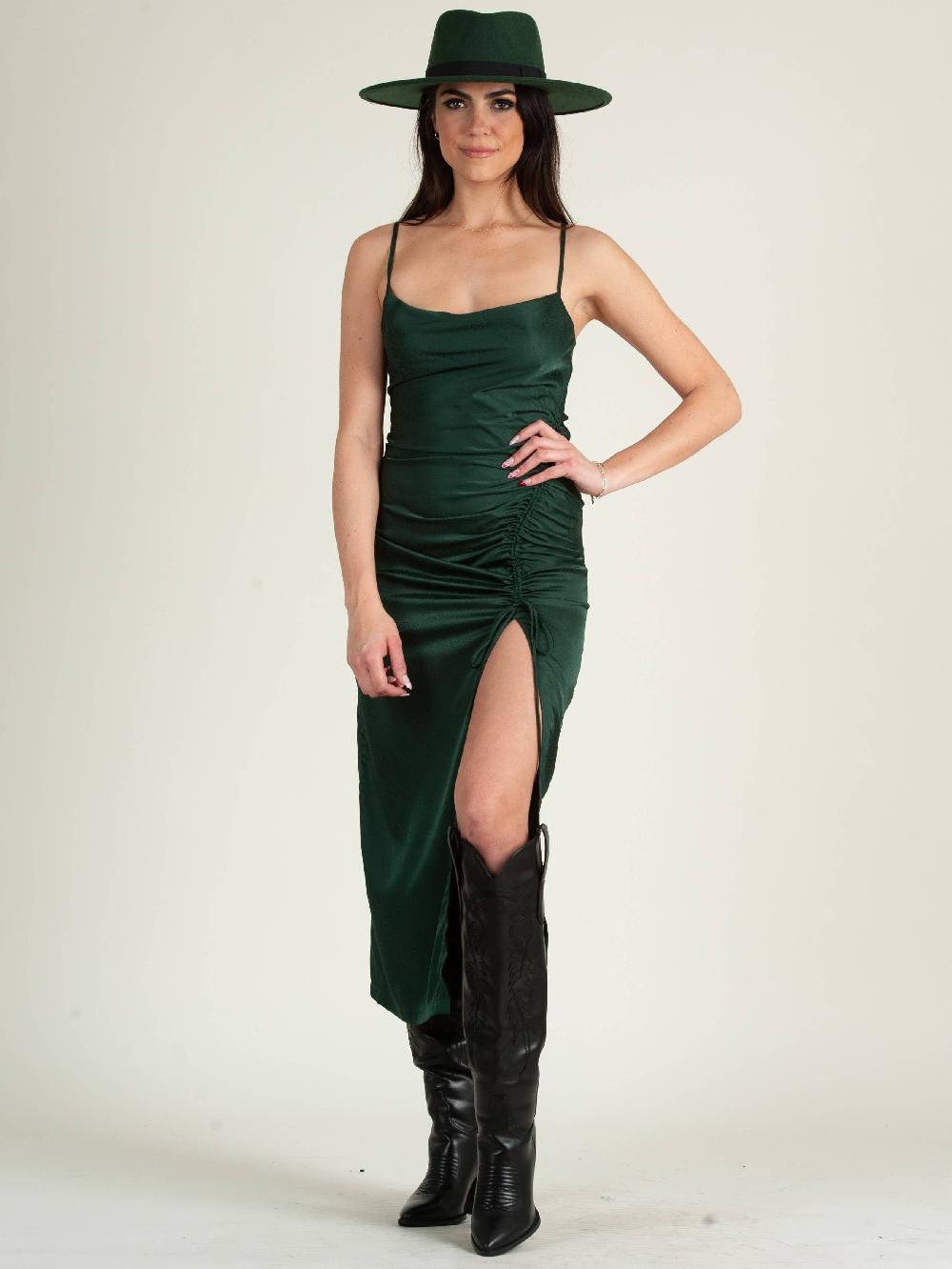 lucca couture EVIE SATIN RUCHED MIDI DRESS-HUNTER