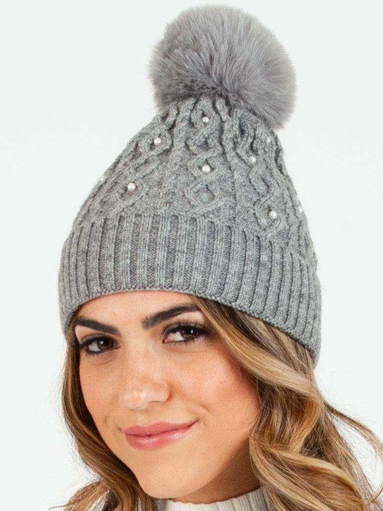 lucca couture FAUX PEARL POM POM BEANIE