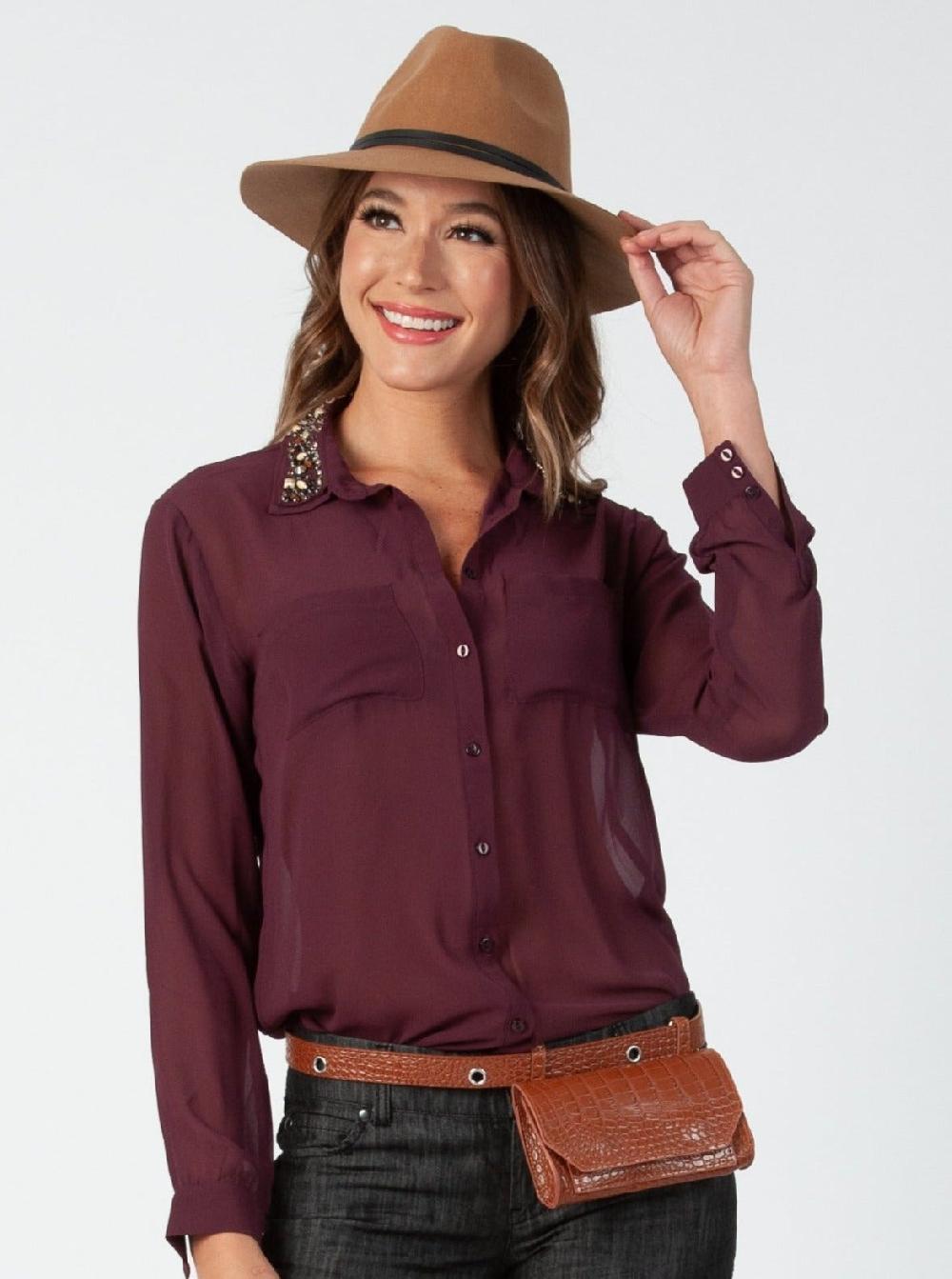 lucca couture FAYE JEWELED COLLAR BLOUSE-DEEP PLUM