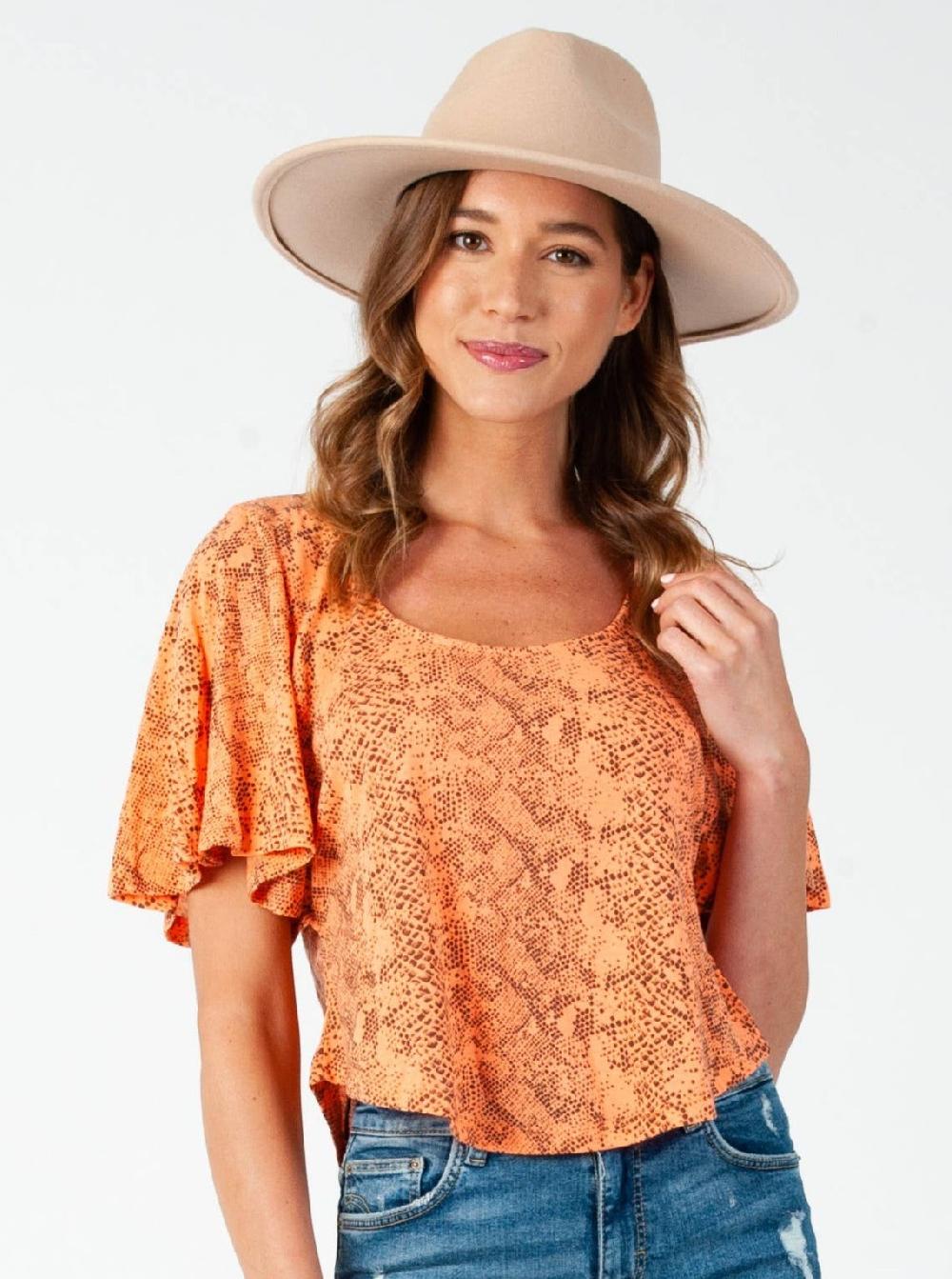 lucca couture FLUTTER SLEEVE TOP-NEON ORANGE