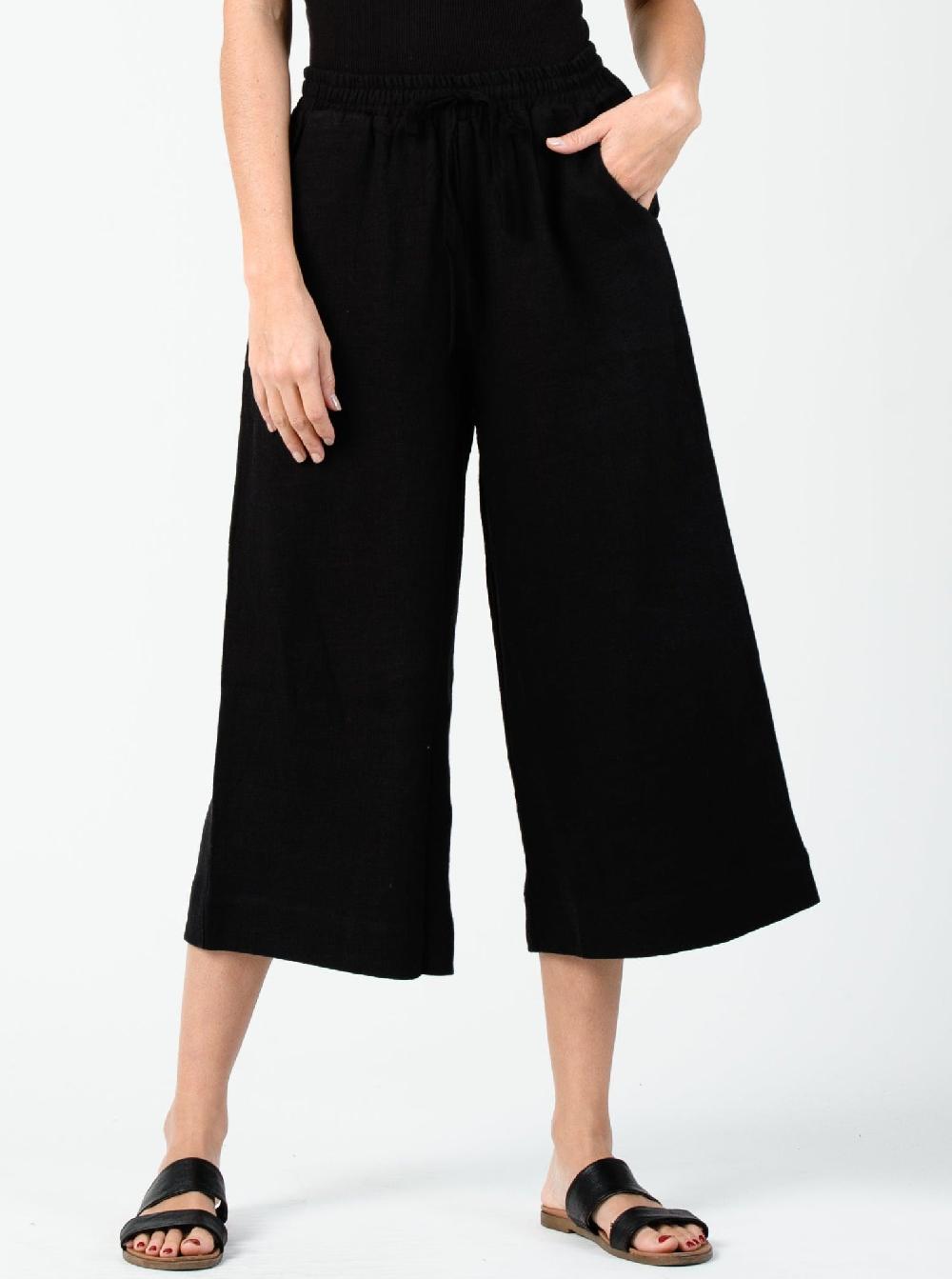lucca couture FRIDA ELASTIC WAIST PANT-BLACK LINEN