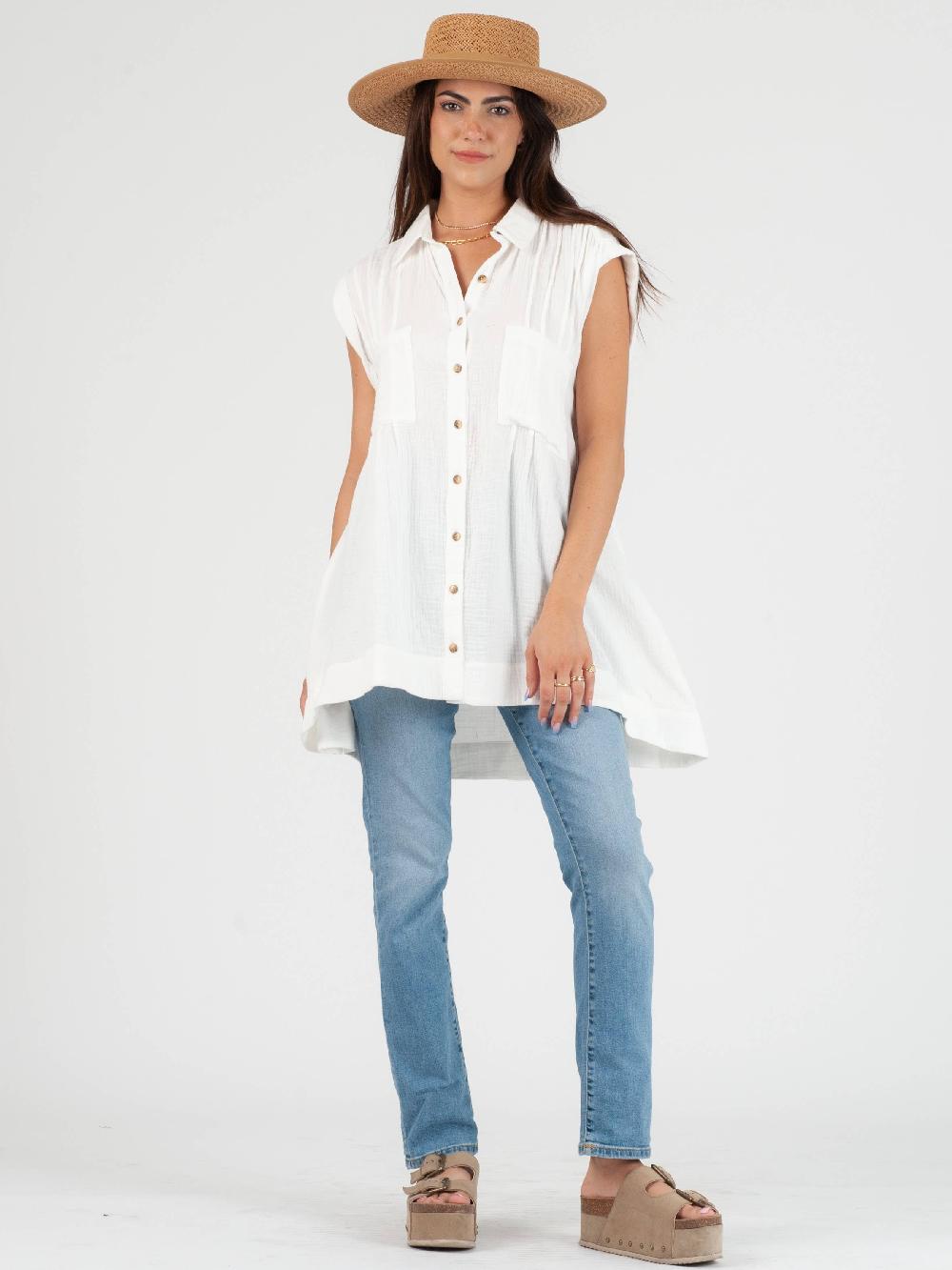 lucca couture GABRIELA BUTTON DOWN TUNIC-WHITE
