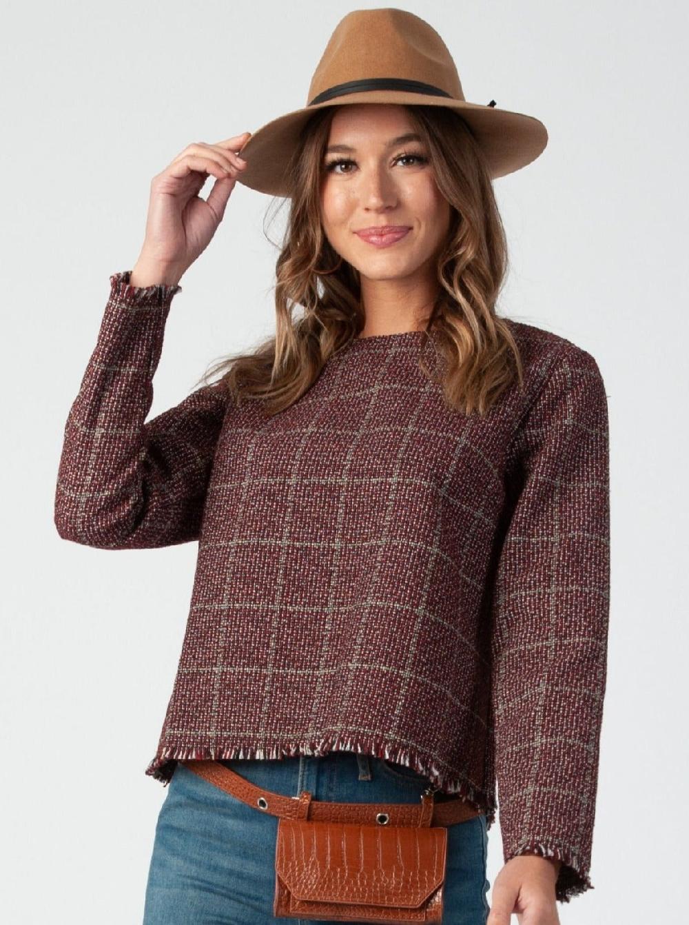 lucca couture GENEVA FRINGE TOP-AUBURN TWEED