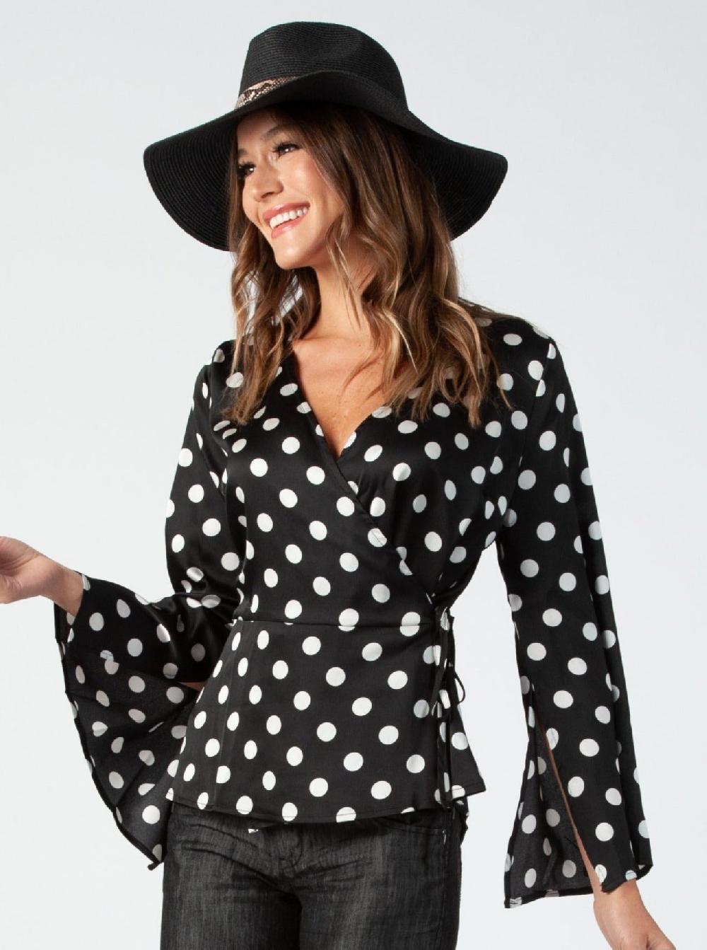 lucca couture GENOA WRAP BLOUSE-BLACK POLKA DOT