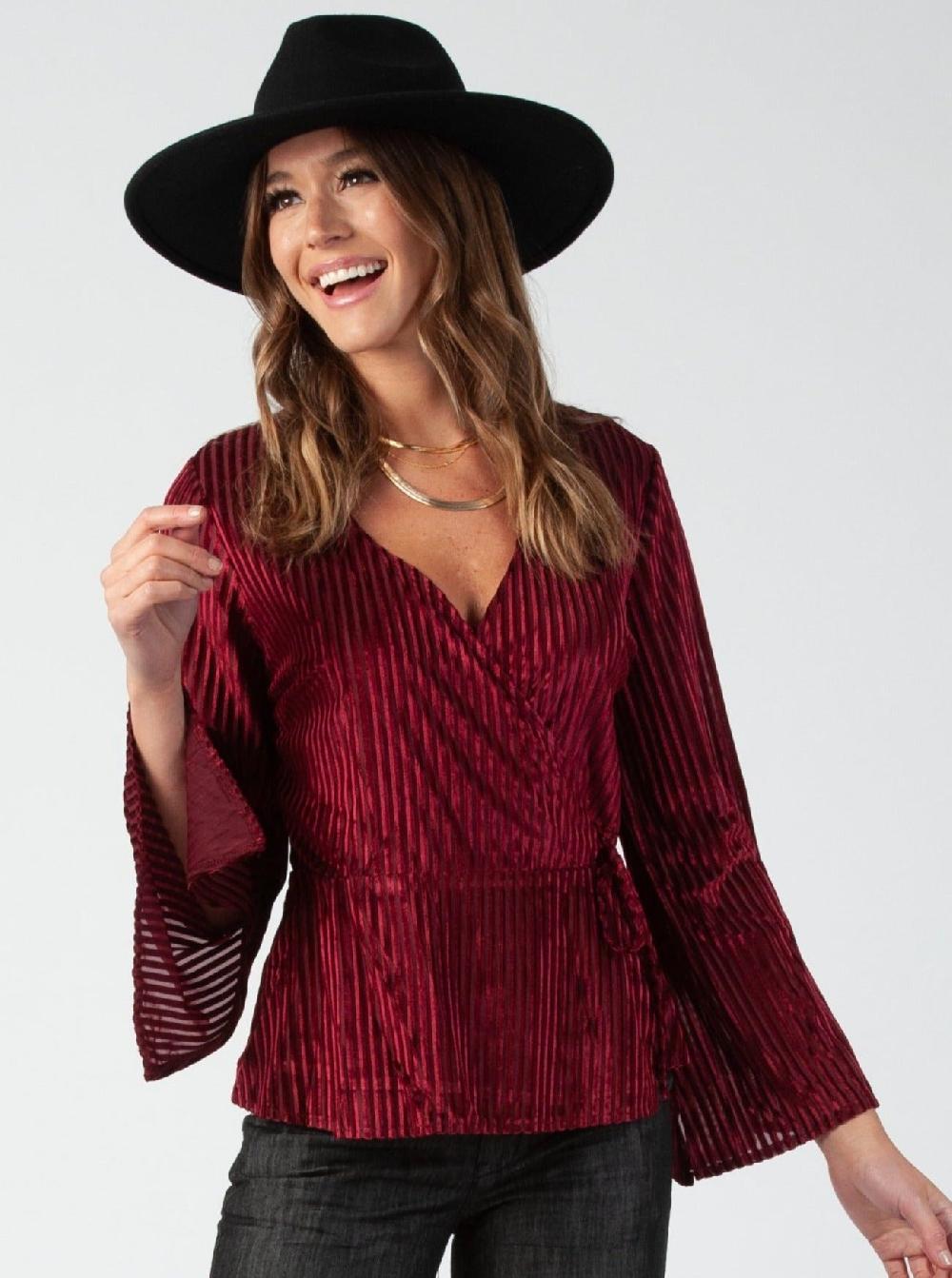 lucca couture GENOA WRAP BLOUSE-MERLOT STRIPE