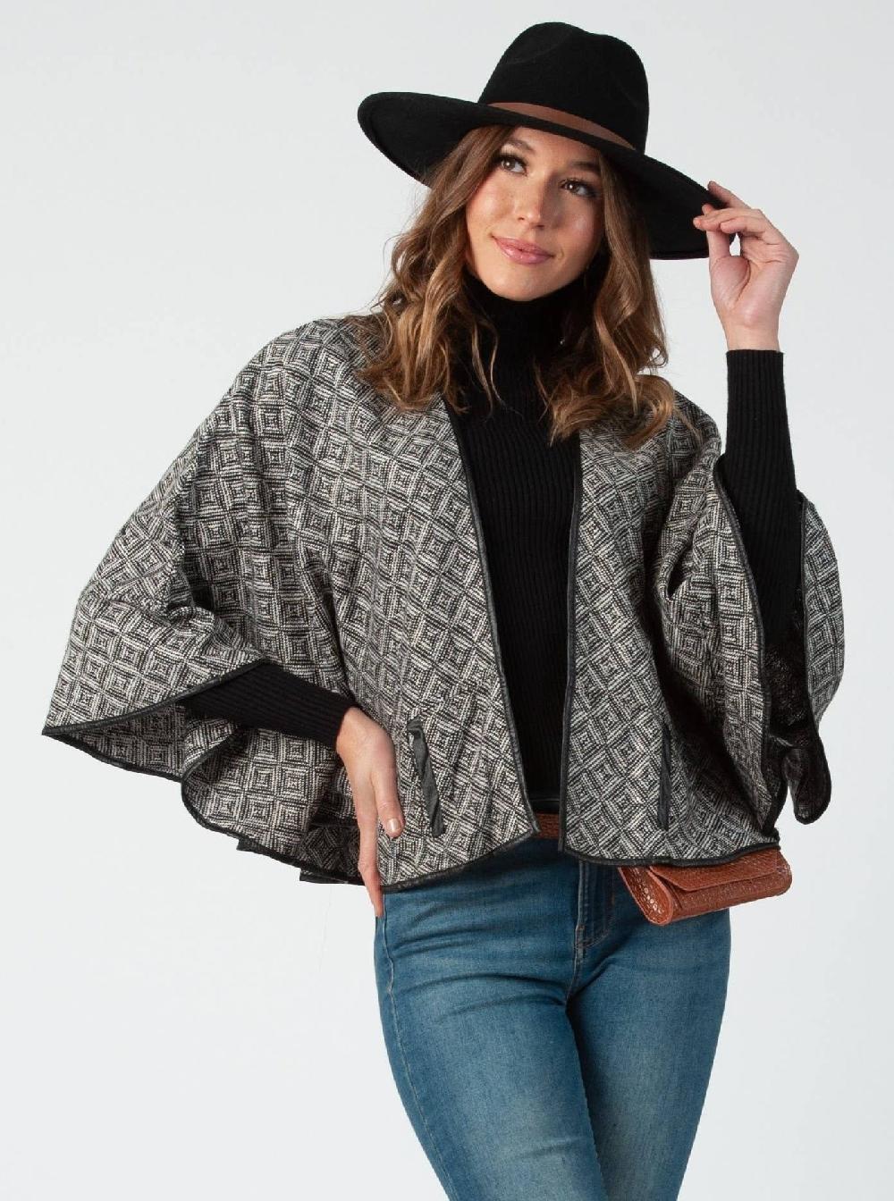 lucca couture GEO CAPE WITH FAUX LEATHER TRIM-BW