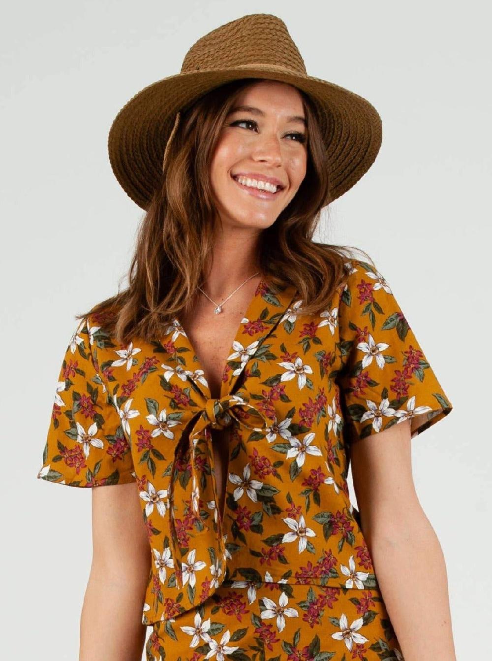lucca couture GILA TIE FRONT TOP-MUSTARD FLORAL
