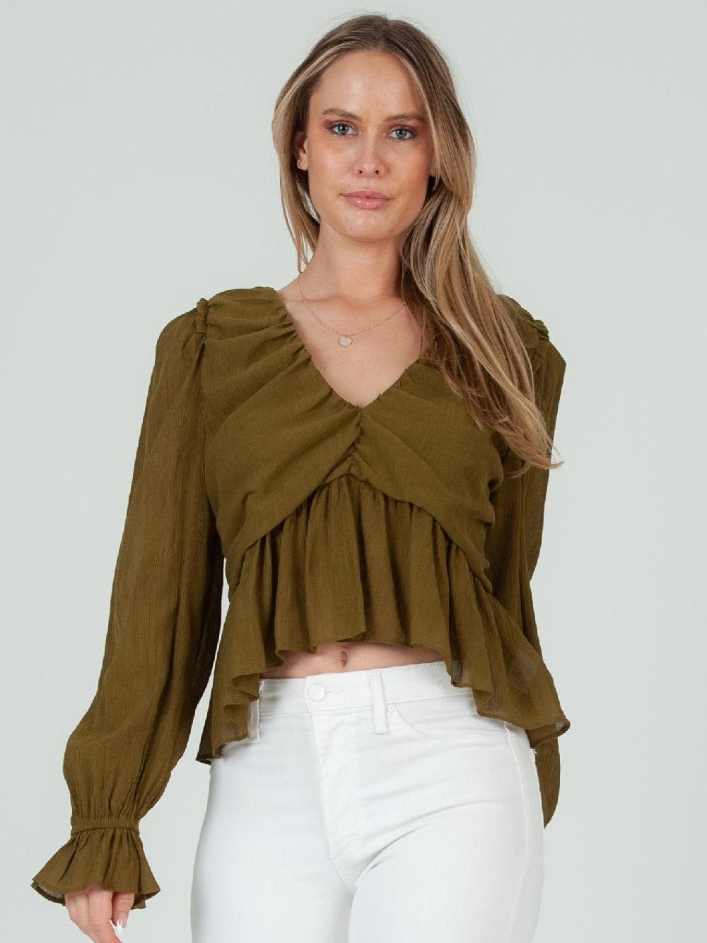 lucca couture JANELLE FLUTTER HEM BLOUSE-OLIVE