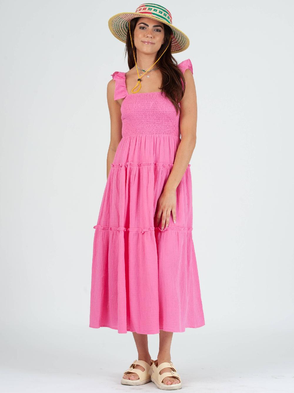 lucca couture JUDY CRINKLE GAUZE TIERED DRESS-PINK