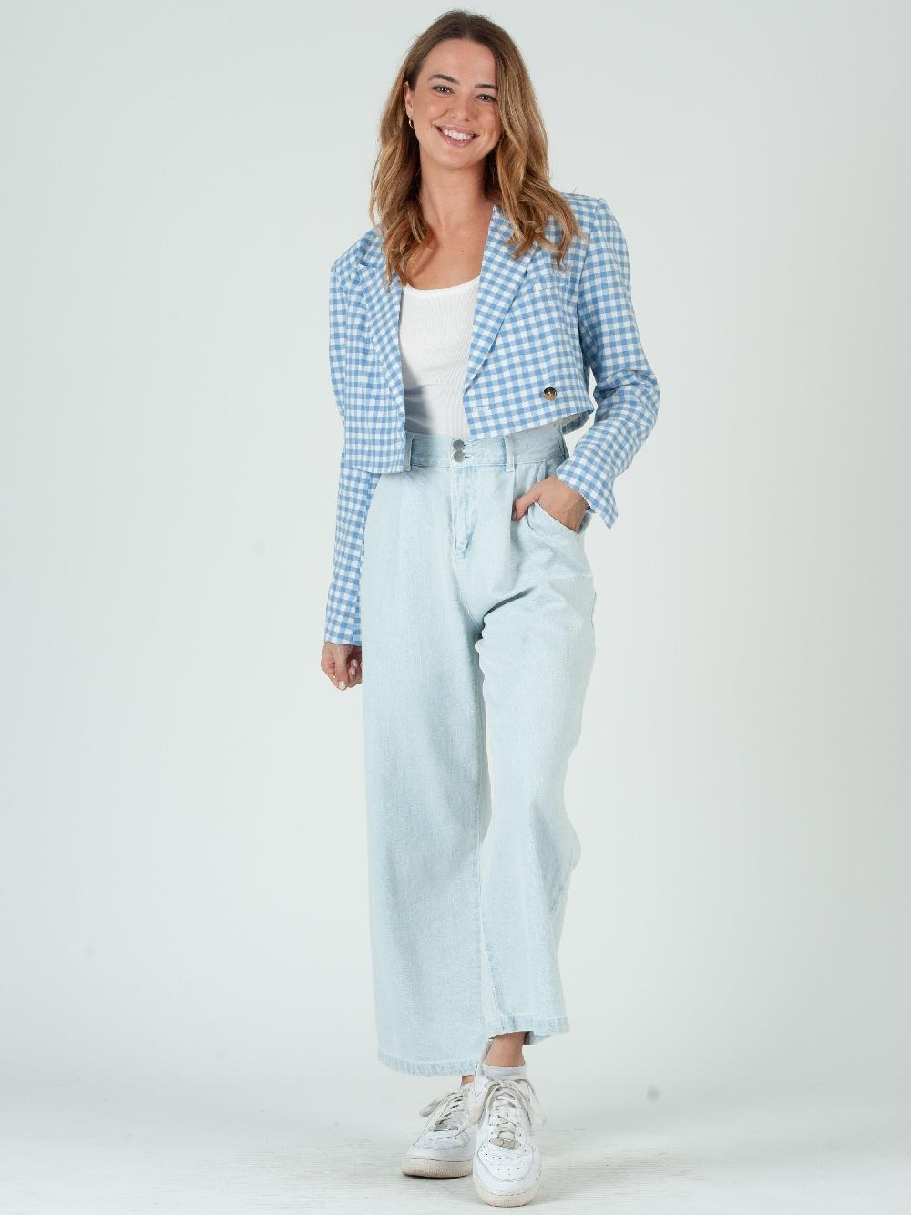 lucca couture KAILEY CROPPED BLAZER-SKY GINGHAM