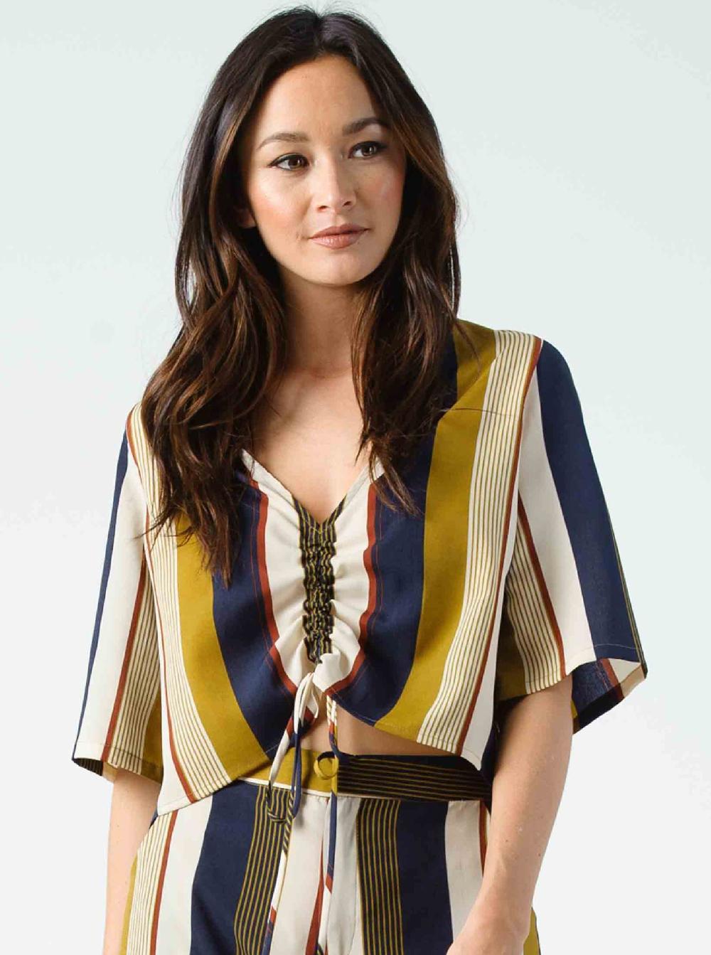 lucca couture KARMA CINCHED BLOUSE-HARVEST STRIPE