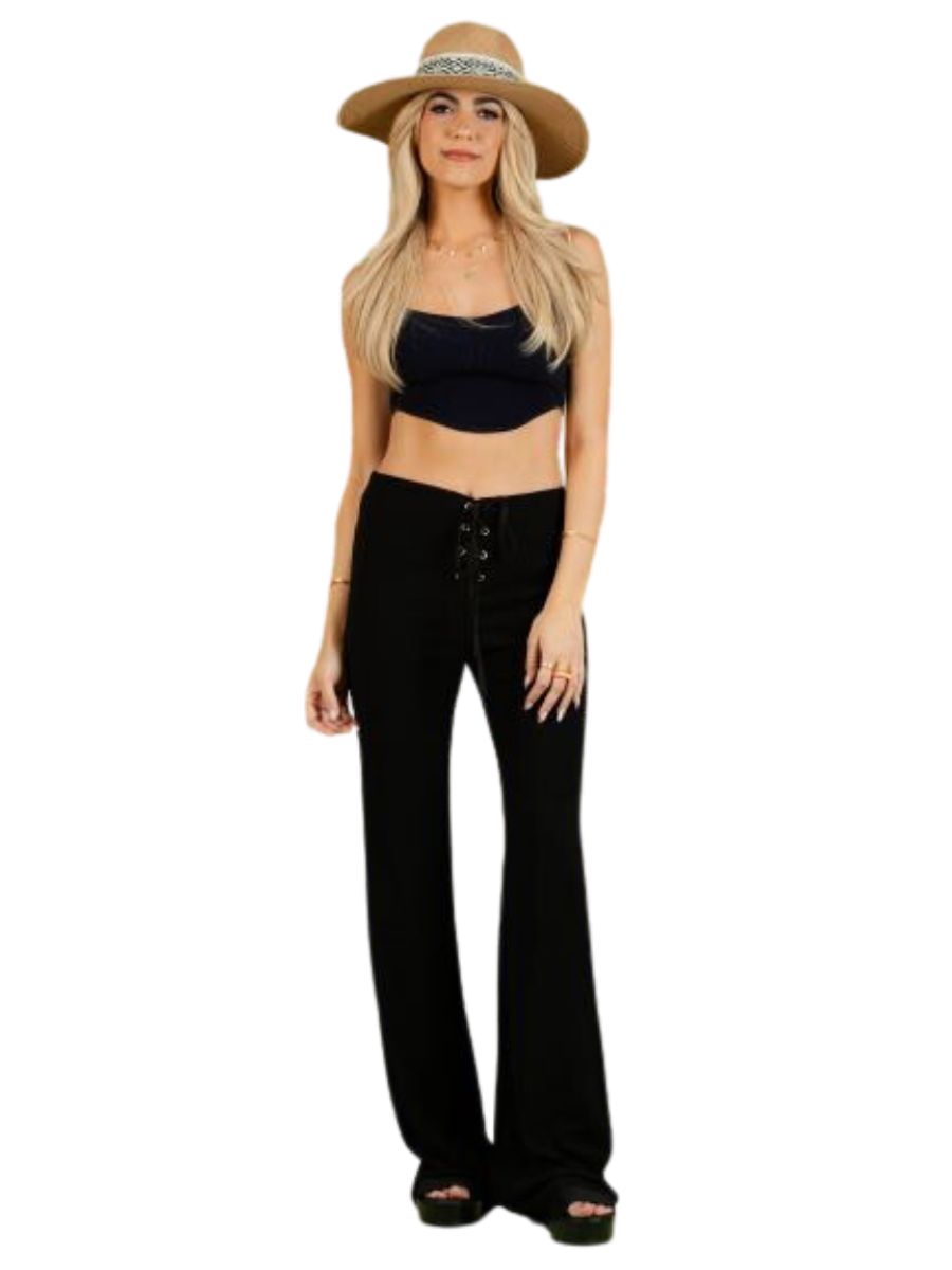 lucca couture KENNA LACE FRONT FLARE PANTS-BLACK