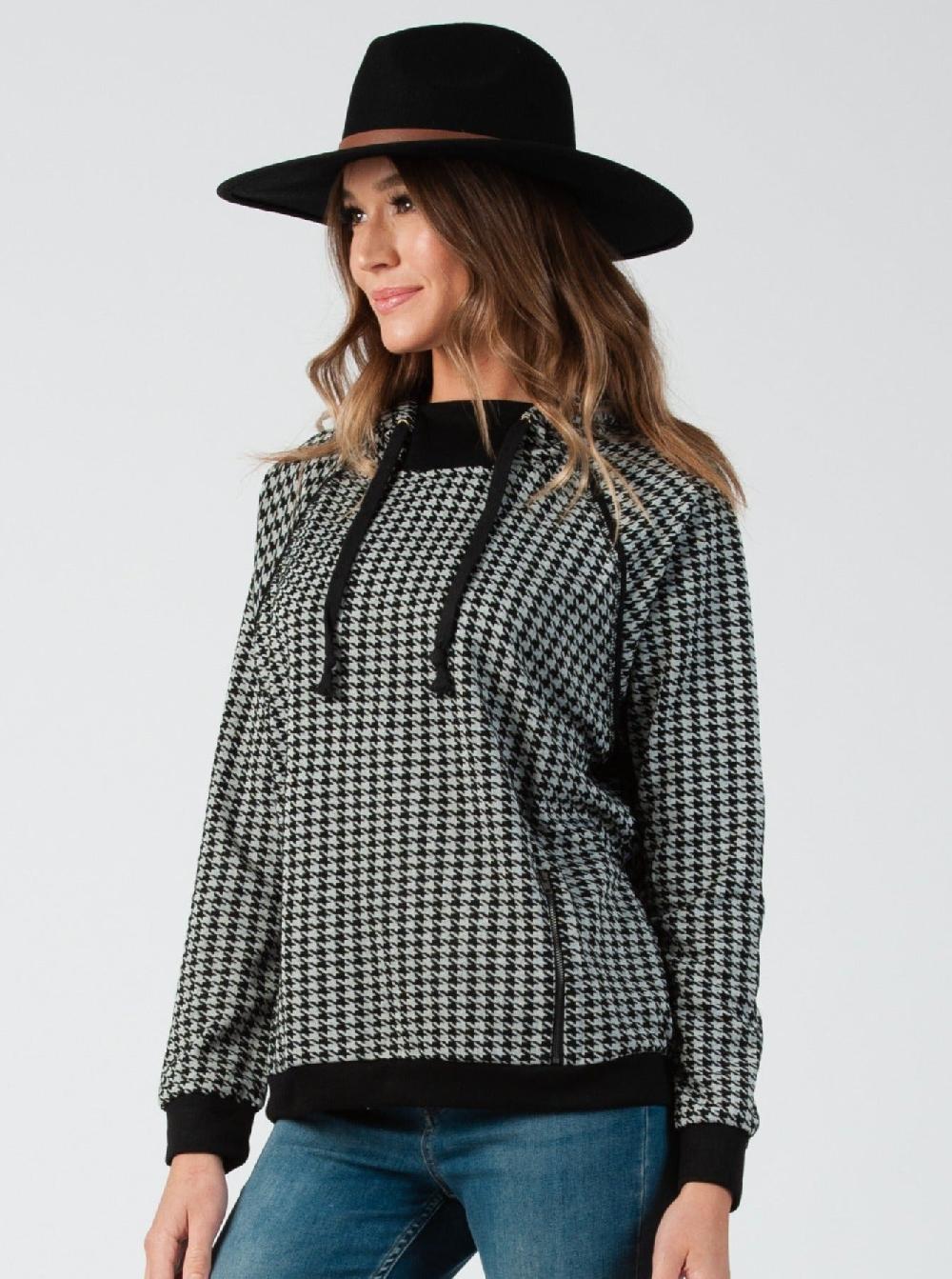 lucca couture LIGHTWEIGHT HOUNDSTOOTH HOODIE-BW