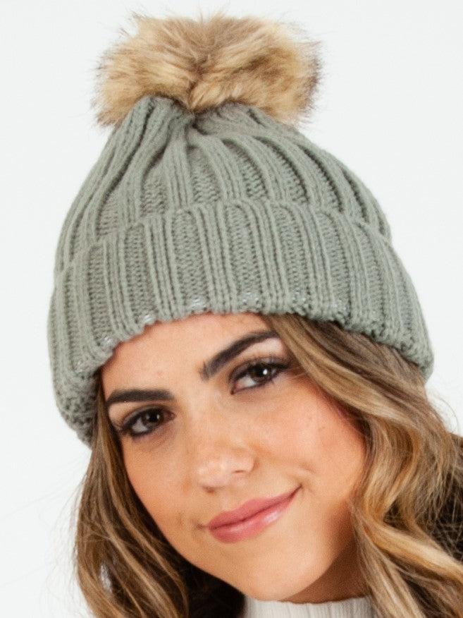 lucca couture LINCOLN FUR POM BEANIE-GRAY