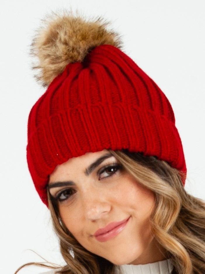 lucca couture LINCOLN FUR POM BEANIE-RED