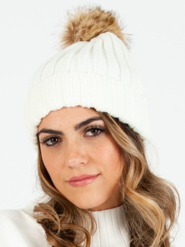 lucca couture LINCOLN FUR POM BEANIE-WHITE